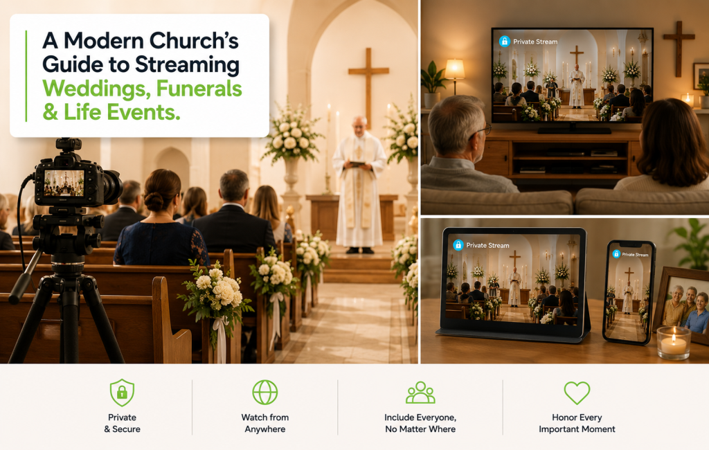 Streaming life events from a softly lit chapel with a discreet camera and family watching privately on multiple devices.