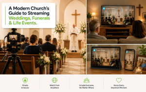 Streaming life events from a softly lit chapel with a discreet camera and family watching privately on multiple devices.