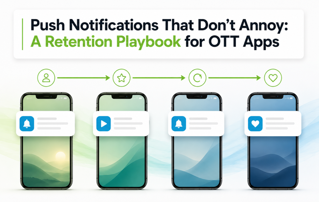 OTT push notifications timeline showing welcome, recommendation, re-engagement, and personalized messages across day 1 to day 90.