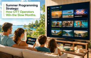Summer programming strategy in action — a family watching outdoor-themed content on a tablet and smart TV with summer home-screen tiles.