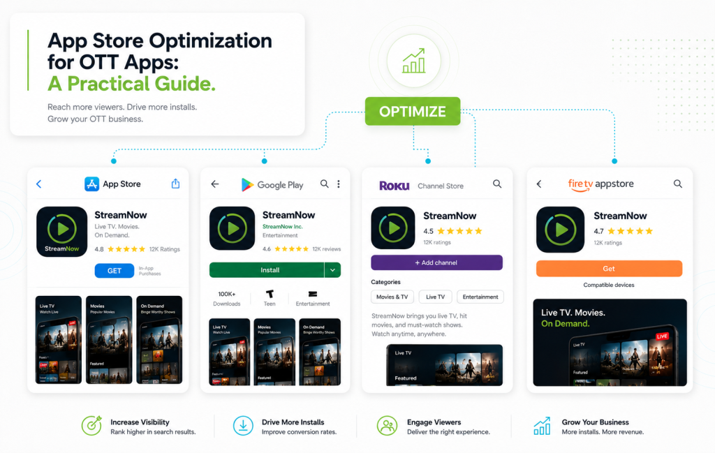 A wide editorial illustration showing four app store storefronts side by side on a clean off-white background — Apple App Store, Google Play, Roku Channel Store, and Fire TV App Store — each represented by a stylized listing card with an OTT app icon, star rating, and install button. Subtle cyan connection lines link them. "OPTIMIZE" tag floating above. Headline overlay top-left on a white card: "App Store Optimization for OTT Apps: A Practical Guide." Style: clean editorial, modern, premium.