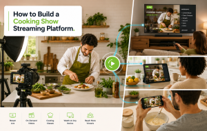 Cooking show streaming platform setup with a chef filming in a home kitchen while viewers watch on a smart TV, tablet, and phone.