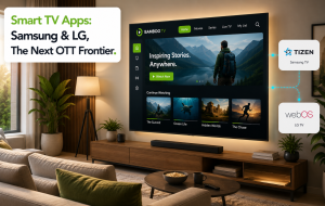 Smart TV apps displayed on Samsung and LG televisions with branded OTT streaming home screens in a modern living room scene.