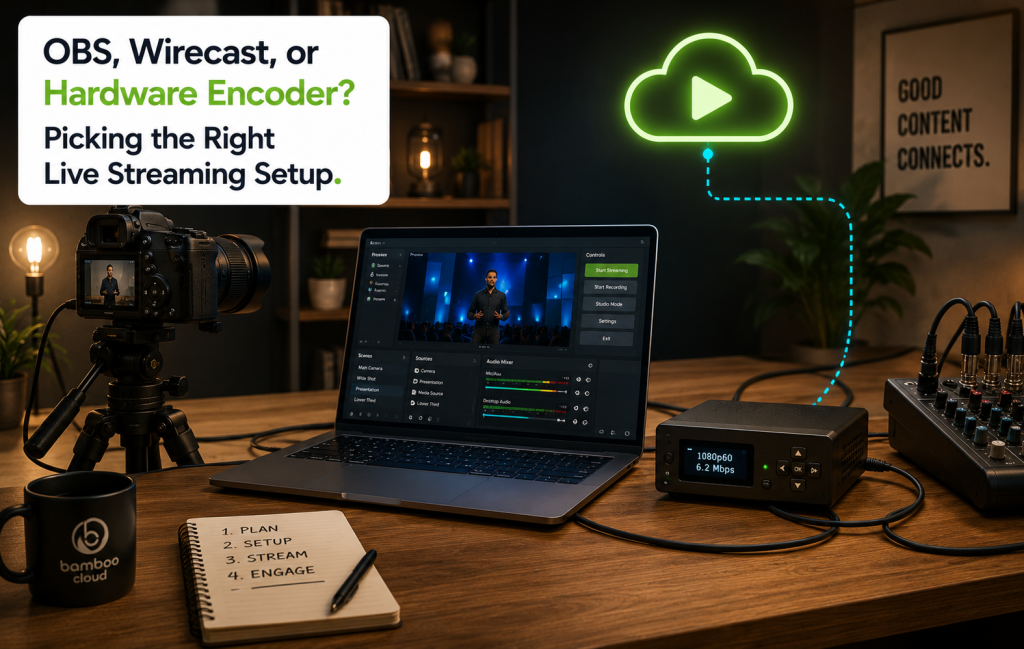 Live streaming encoder setup comparison showing OBS software, Wirecast software, and a hardware encoder unit on a studio desk.