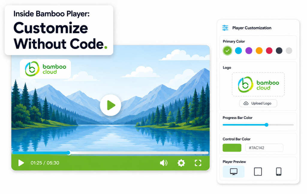 Bamboo Player customization panel showing color picker, logo upload, and end-screen settings on a clean white interface.