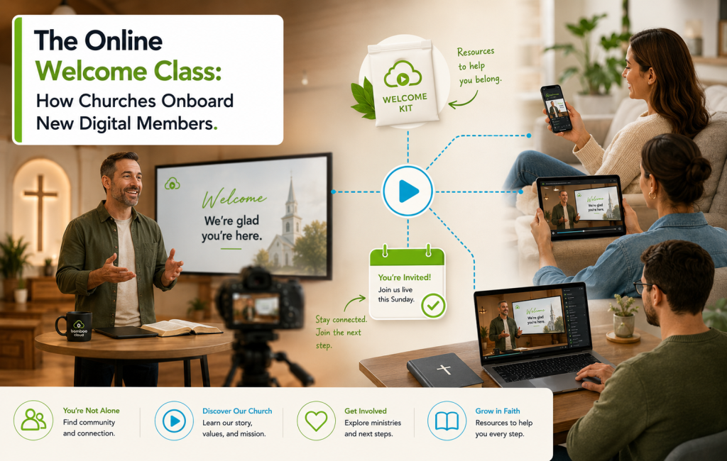 Online welcome class scene showing a pastor presenting on screen with welcome elements and community icons around the video.