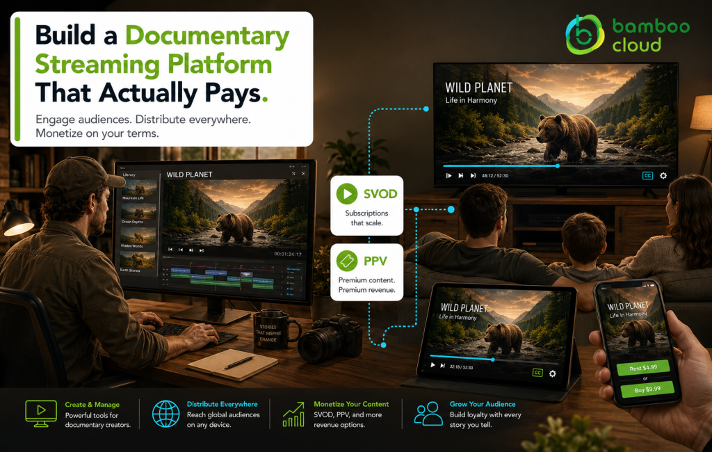 Documentary streaming platform setup showing a filmmaker reviewing footage and viewers watching the same documentary on a smart TV, tablet, and phone.