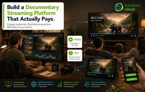 Documentary streaming platform setup showing a filmmaker reviewing footage and viewers watching the same documentary on a smart TV, tablet, and phone.