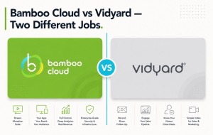 Bamboo Cloud vs Vidyard comparison graphic with feature cards for streaming business and sales enablement use cases.