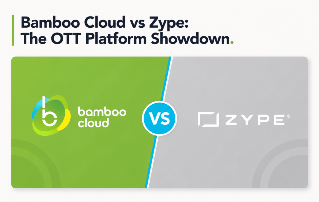 Bamboo Cloud vs Zype comparison graphic with green Bamboo Cloud panel and gray Zype panel separated by a VS badge.