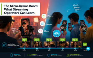 Micro-drama boom illustrated with vertical phone screens showing dramatic scenes and a rapid episode release timeline.