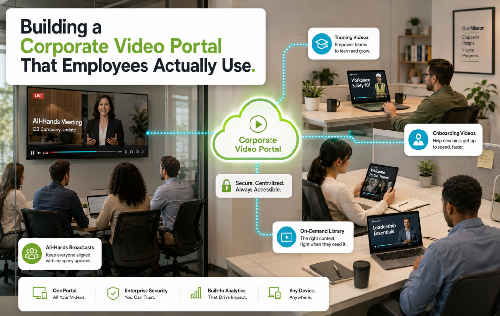 Corporate video portal setup showing a modern office with employees watching training videos on laptop, tablet, and a conference room screen.