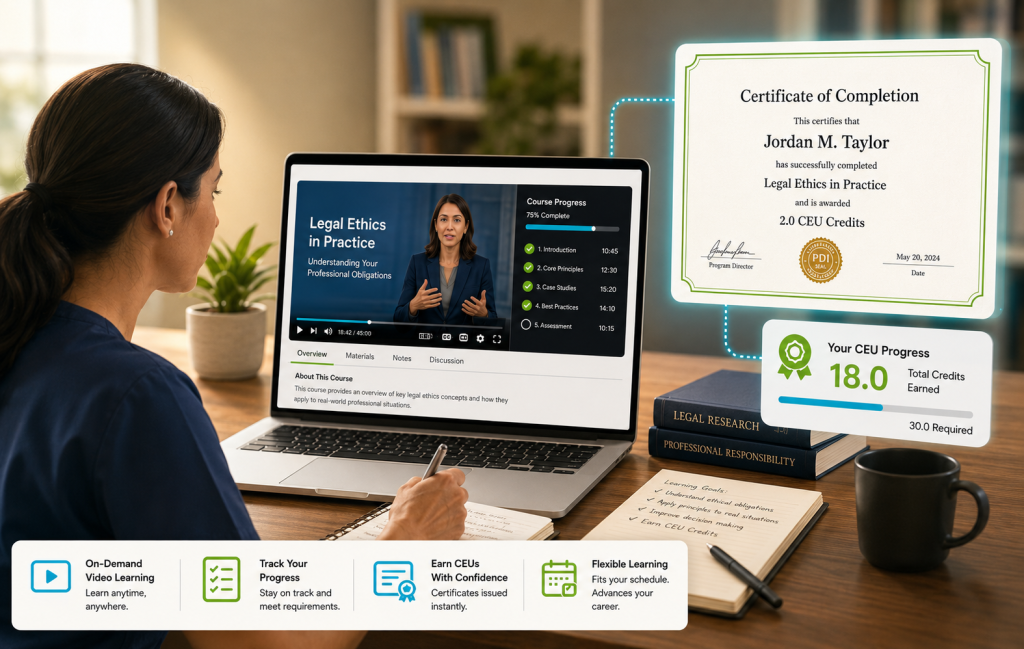 CEU video platform showing a professional watching a video lecture on a laptop with a certificate of completion and credit hours badge.