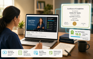 CEU video platform showing a professional watching a video lecture on a laptop with a certificate of completion and credit hours badge.