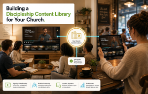 Discipleship content library shown on a tablet held near a Bible with organized categories for faith-based video content.