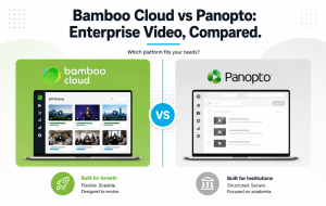 Bamboo Cloud vs Panopto editorial comparison graphic showing two branded platform panels separated by a VS medallion.