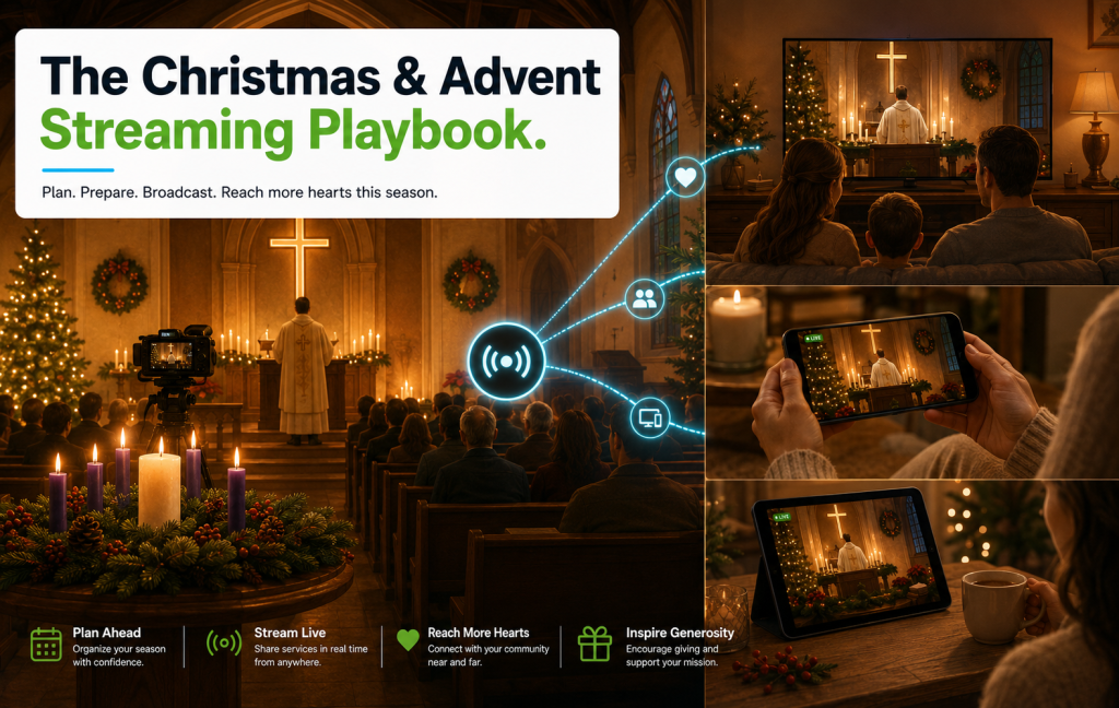 Christmas Advent streaming playbook illustration with a candlelit chapel and Christmas broadcast being watched by family members on multiple devices.