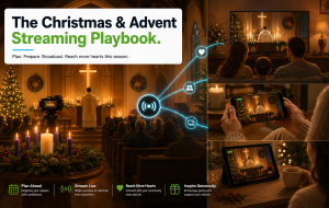 Christmas Advent streaming playbook illustration with a candlelit chapel and Christmas broadcast being watched by family members on multiple devices.