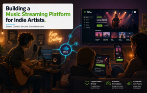 Indie music streaming platform illustration showing a musician recording and fans watching a direct-to-fan concert across multiple devices.