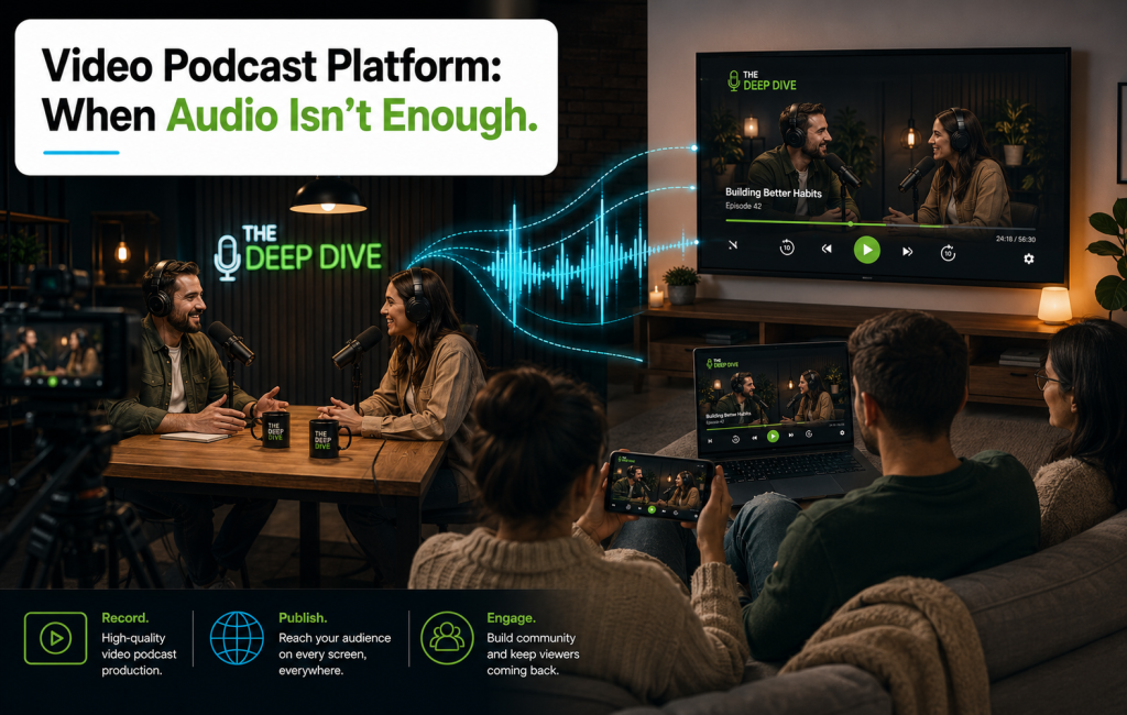 Video podcast studio with two hosts recording an episode and viewers watching across smart TV, phone, and laptop.