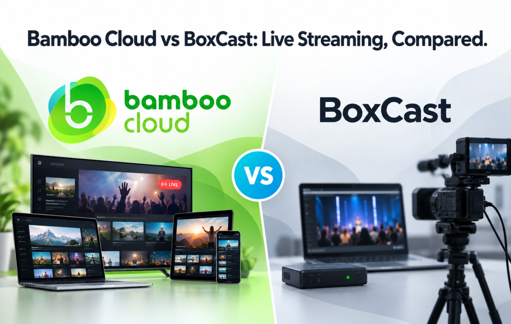 Bamboo Cloud vs BoxCast comparison graphic with the Bamboo Cloud logo on a green panel, BoxCast on a gray panel, and a cyan VS badge between them.