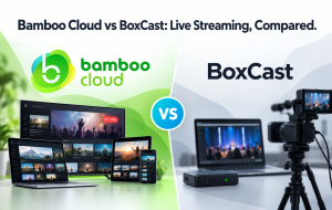 Bamboo Cloud vs BoxCast comparison graphic with the Bamboo Cloud logo on a green panel, BoxCast on a gray panel, and a cyan VS badge between them.