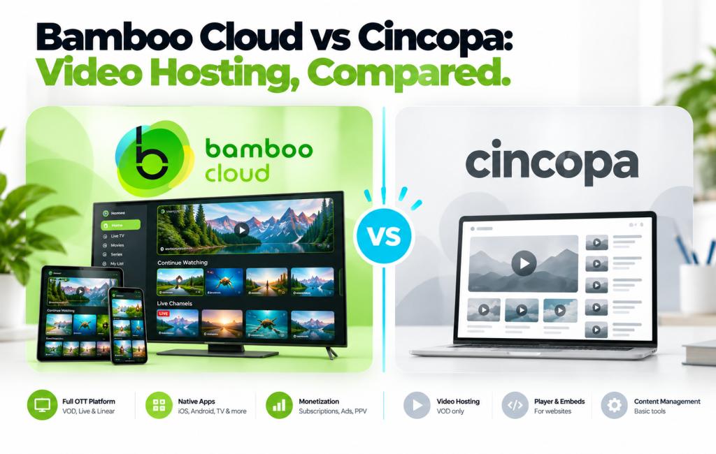 Bamboo Cloud vs Cincopa editorial comparison graphic with two branded panels and a VS medallion.