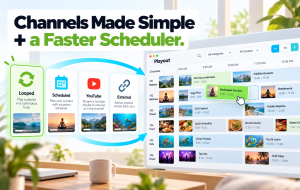 Channel type picker with four options alongside a Playout scheduler calendar showing drag-and-drop scheduling, filters, and zoom controls.