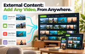 Content from external links, cloud storage, video platforms, and computer uploads converging into a unified branded streaming platform displayed on multiple devices.