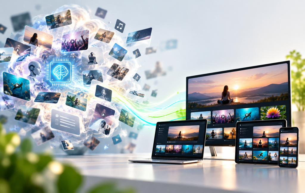 A swirling cloud of loose shapes on one side condensing into solid stacked blocks on the other, contrasting AI hype with AI features that have actually shipped in OTT.