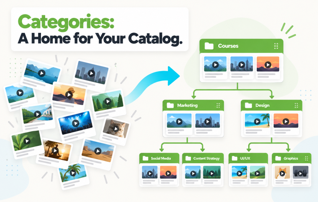 Content library transformation from scattered videos to an organized hierarchical category tree.