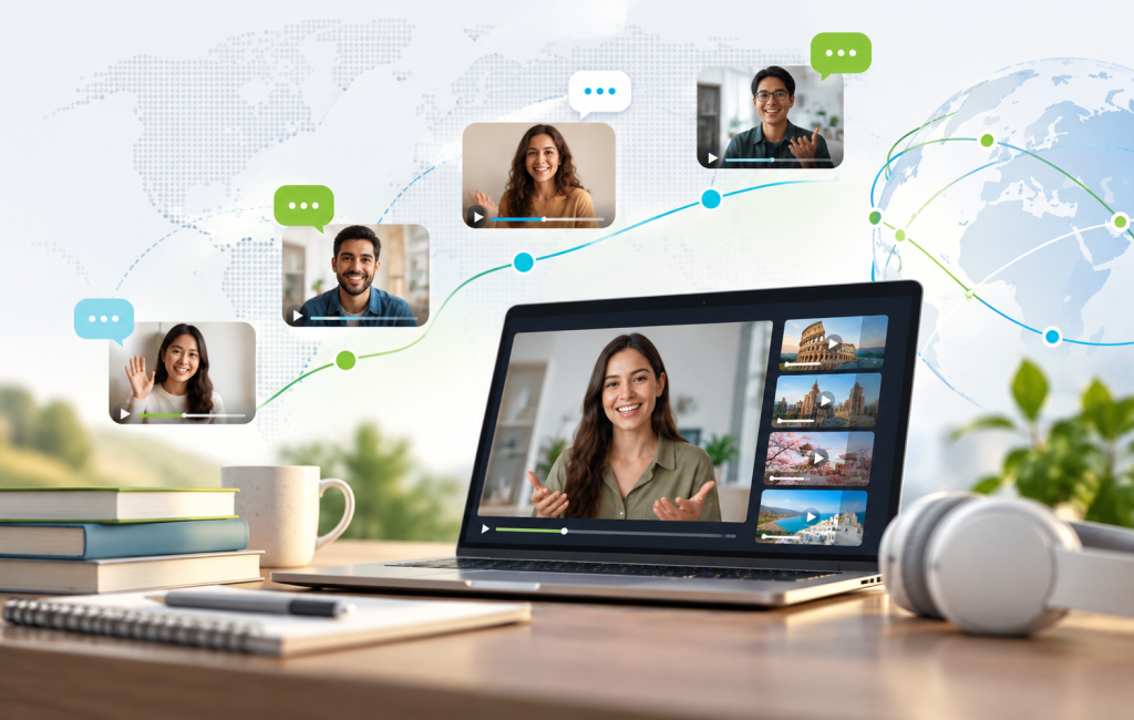 Floating panels rising like steps with empty speech bubbles between them, illustrating learners progressing through levels on a language learning video platform.