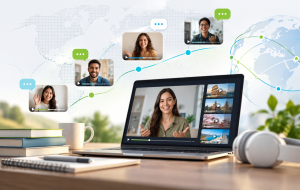 Floating panels rising like steps with empty speech bubbles between them, illustrating learners progressing through levels on a language learning video platform.