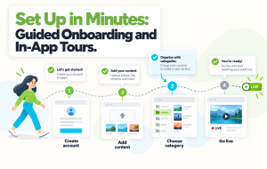 Guided onboarding journey showing a user avatar progressing through numbered steps from account creation to going live, with tour-bubble tooltips highlighting features.
