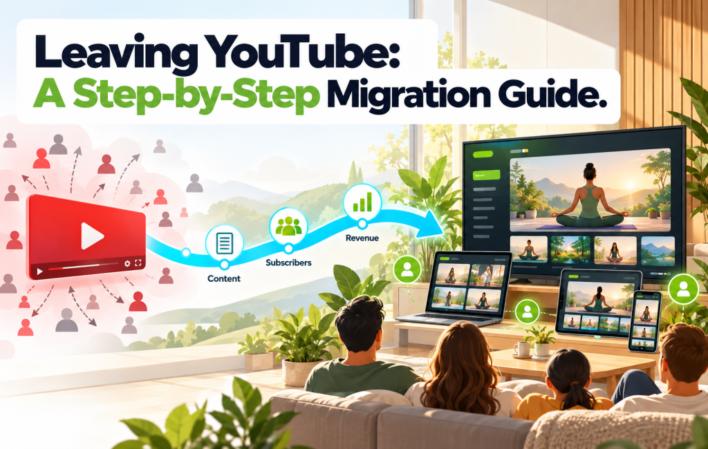 Migration journey from a red video player with scattered viewers to a branded streaming hub with loyal viewers gathered around a smart TV, apps, and website.