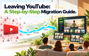 Migration journey from a red video player with scattered viewers to a branded streaming hub with loyal viewers gathered around a smart TV, apps, and website.