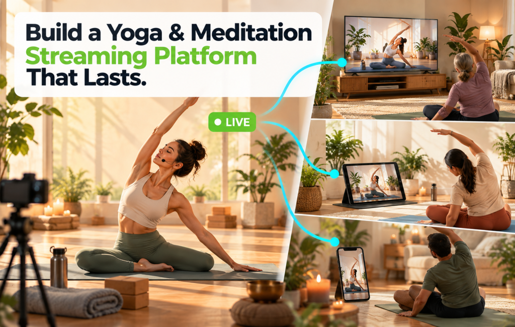 Yoga instructor leading a class in a soft studio, with three students practicing at home on a smart TV, tablet, and phone.