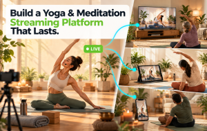 Yoga instructor leading a class in a soft studio, with three students practicing at home on a smart TV, tablet, and phone.
