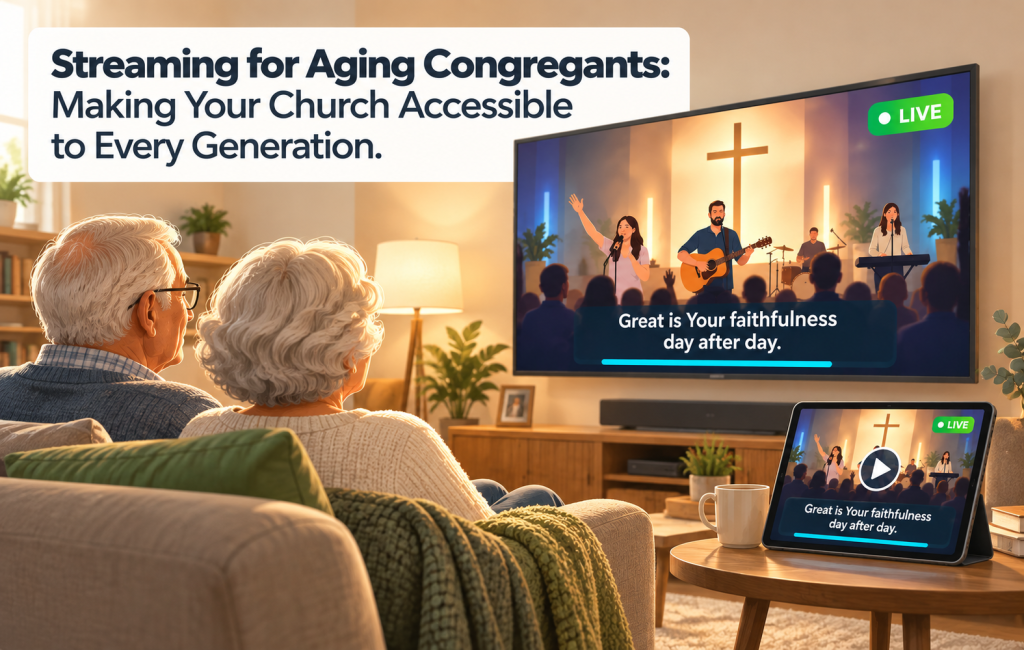 Older couple watching a worship service on a large smart TV with large captions, and a tablet nearby showing the same service with a large-text interface.